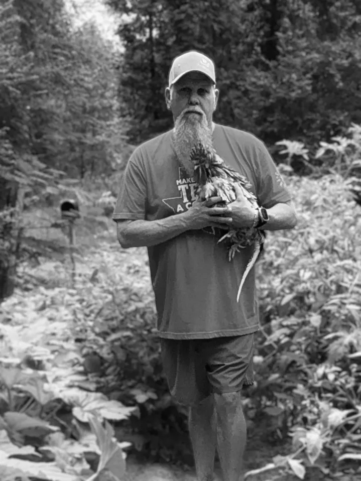 Man holding a rooster in garden.
