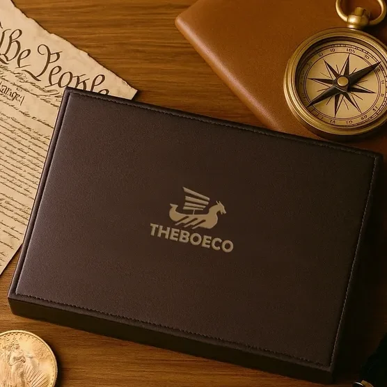 Leather box with compass and documents.